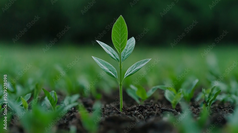 A young green sprout grows from the fertile ground surrounded by other seedlings. A young green sprout grows from the fertile ground surrounded by other seedlings.