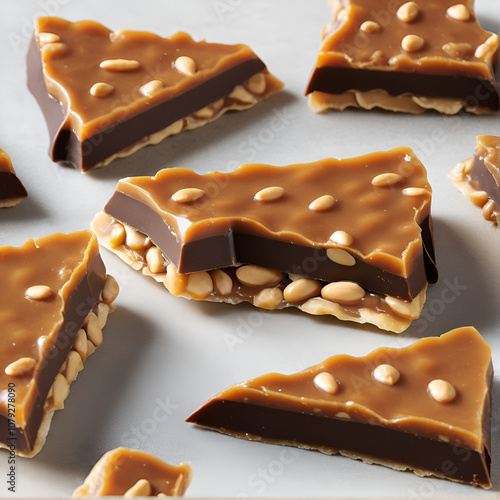 Peanut brittle dipped in chocolate or caramel, a sweet, glossy treat with contrasting textures. photo