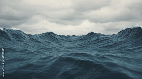 A wide shot of choppy, rough, stormy ocean water with a gray, overcast sky overhead.