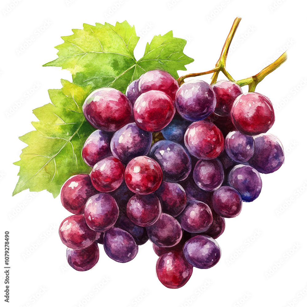 Fototapeta premium Fresh grapes depicted in vibrant watercolor against a clean transparent background, showcasing their organic essence, organic fresh grape fruits transparent background