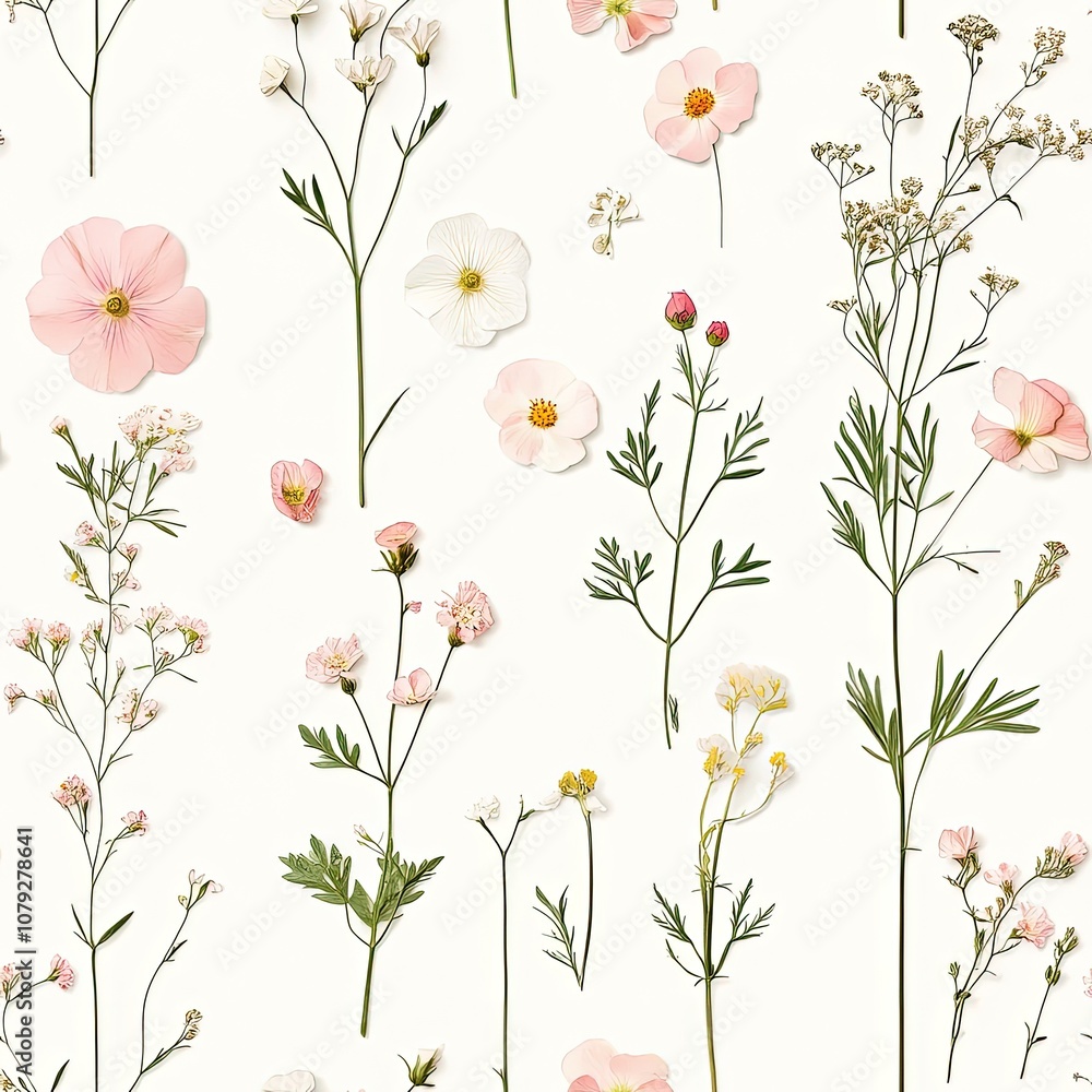 A delicate arrangement of various pink and white wildflowers against a soft white background, capturing the essence of nature's beauty. A delicate arrangement of various pink and white wildflowers against a soft white background, capturing the essence of nature's beauty.