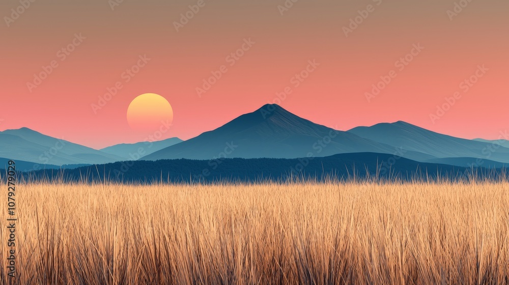 A serene sunset over a vast field of tall grass with a mountain range in the background. A serene sunset over a vast field of tall grass with a mountain range in the background.
