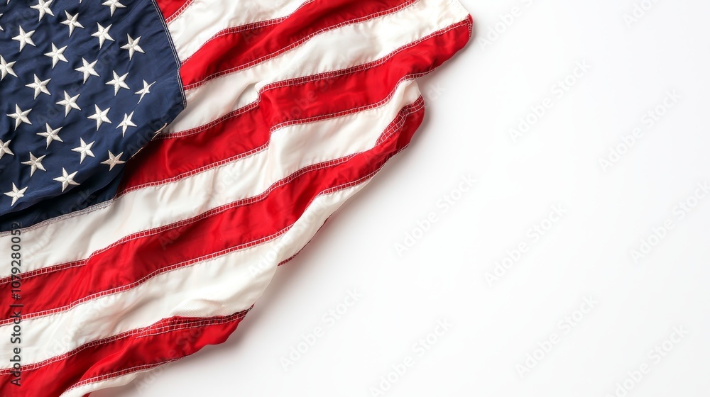 A close-up of the American flag with red and white stripes and blue stars on a white background. A close-up of the American flag with red and white stripes and blue stars on a white background.