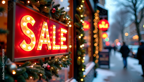 Sale Sign with Bright Lights and Decorative Greenery in a Busy Urban Street During Winter Season, Festive Holiday.