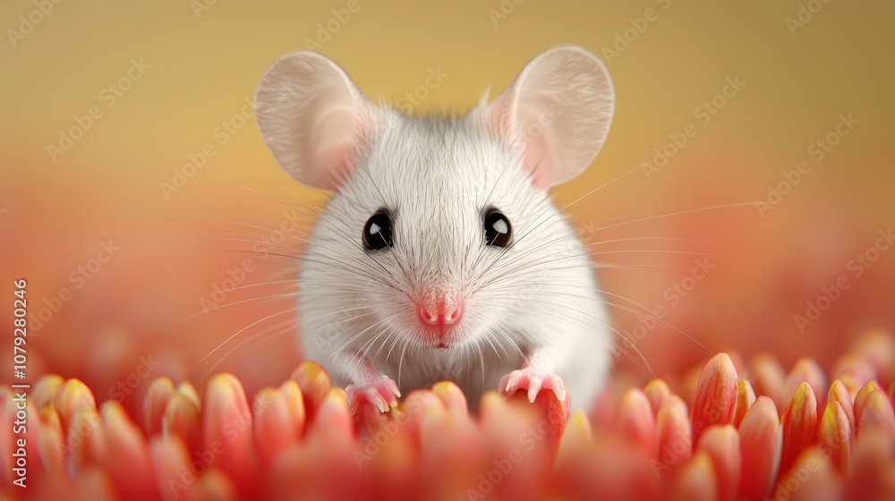 A close-up of a cute, white mouse with pink nose and big ears looking directly at the camera. The mouse is sitting in a bed of orange and yellow flowers. A close-up of a cute, white mouse with pink nose and big ears looking directly at the camera. The mouse is sitting in a bed of orange and yellow flowers.