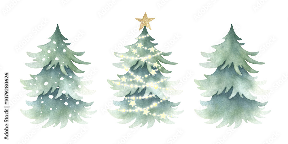 Obraz premium Christmas tree with festive golden star decoration on top and shining garland lights. Set of hand drawn watercolor isolated illustrations various spruces for New Year greeting cards and designs.