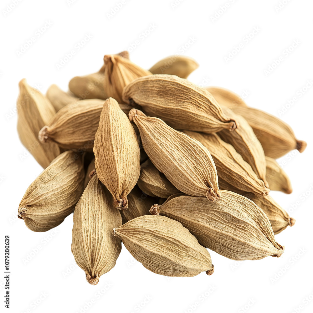 Delicate cardamom pods arranged on a clean transparent background, showcasing their natural texture and form, cardamom isolated transparent background Delicate cardamom pods arranged on a clean transparent background, showcasing their natural texture and form, cardamom isolated transparent background