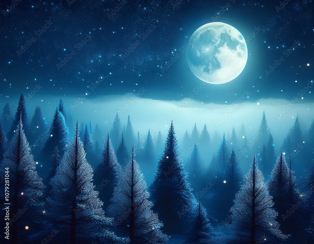 Naklejka premium misty forest at night with full moon and starry sky in winter scene