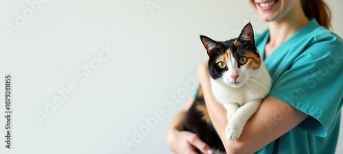 Smiling veterinarian with calico cat, ideal for pet clinic poster.