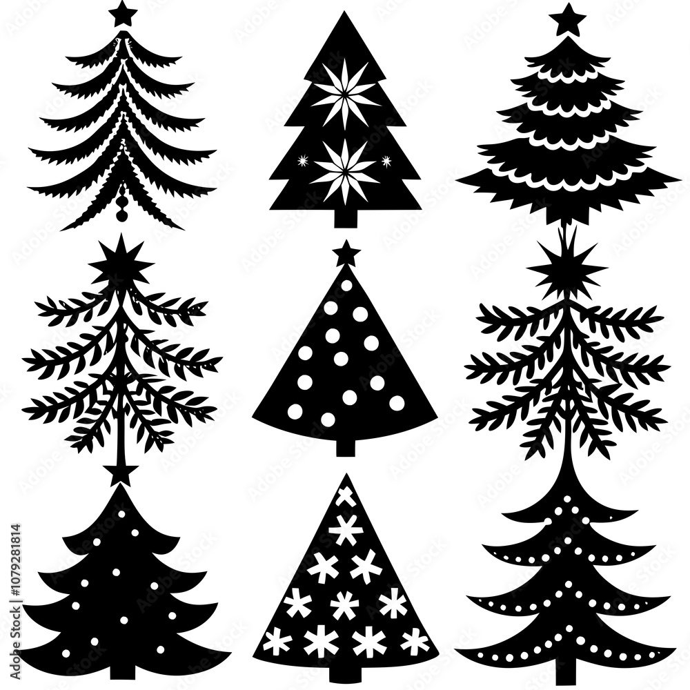 Obraz premium Christmas Tree silhouette, tree silhouette , christmas tree silhouette vector, Silhouette Christmas Tree Stencil Vector Bundle 