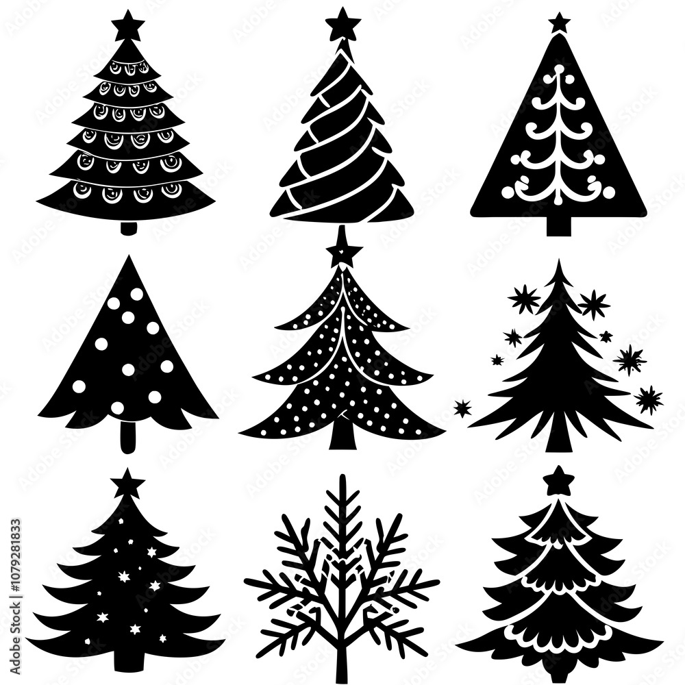 Obraz premium Christmas Tree silhouette, tree silhouette , christmas tree silhouette vector, Silhouette Christmas Tree Stencil Vector Bundle