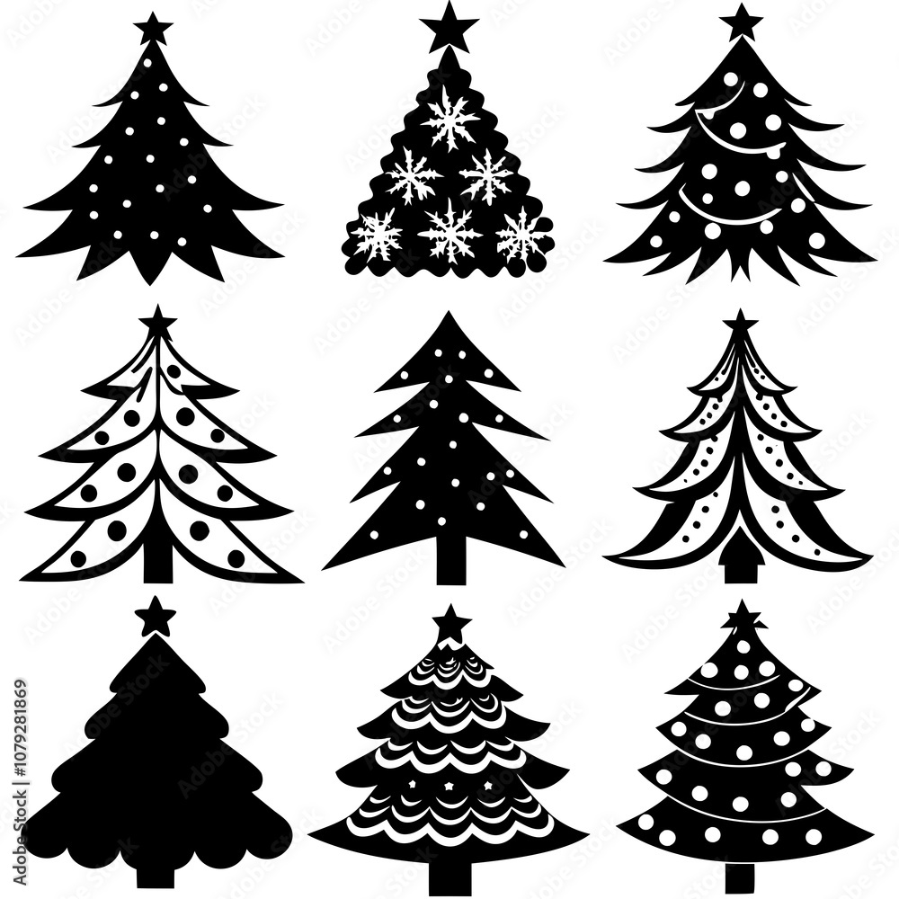 Obraz premium Christmas Tree silhouette, tree silhouette , christmas tree silhouette vector, Silhouette Christmas Tree Stencil Vector Bundle 