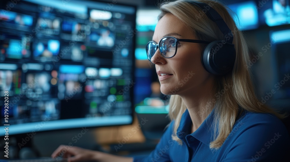 In a modern control room, a media professional wearing glasses and headphones focuses on multiple screens, managing live broadcasts and ensuring smooth operations during evening hours In a modern control room, a media professional wearing glasses and headphones focuses on multiple screens, managing live broadcasts and ensuring smooth operations during evening hours