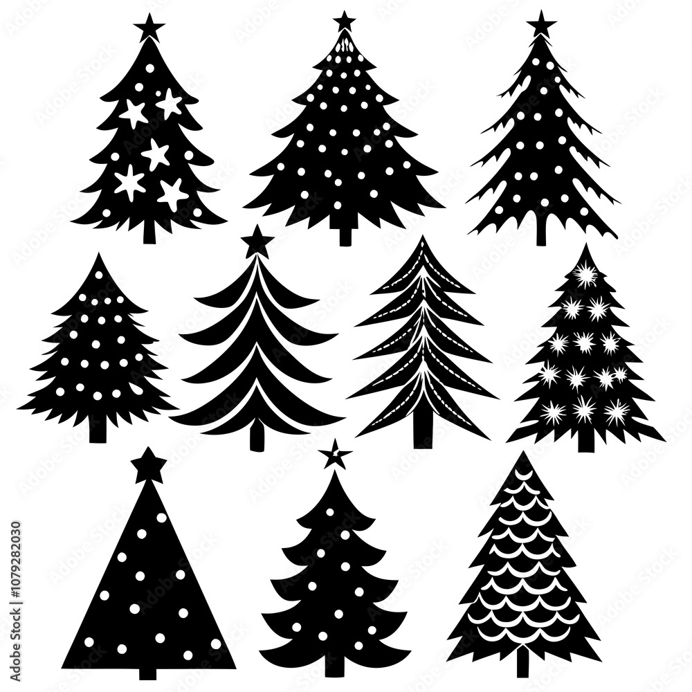 Obraz premium Christmas Tree silhouette, tree silhouette , christmas tree silhouette vector, Silhouette Christmas Tree Stencil Vector Bundle 