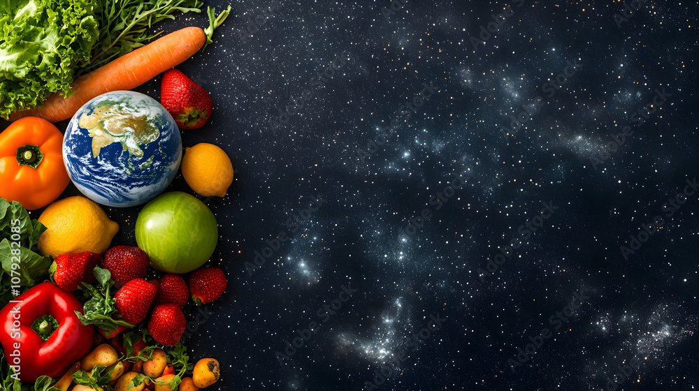 Earth Surrounded by Fresh Vegetables in Outer Space – Healthy Planet Concept Image , AI GENERAT Earth Surrounded by Fresh Vegetables in Outer Space – Healthy Planet Concept Image , AI GENERAT