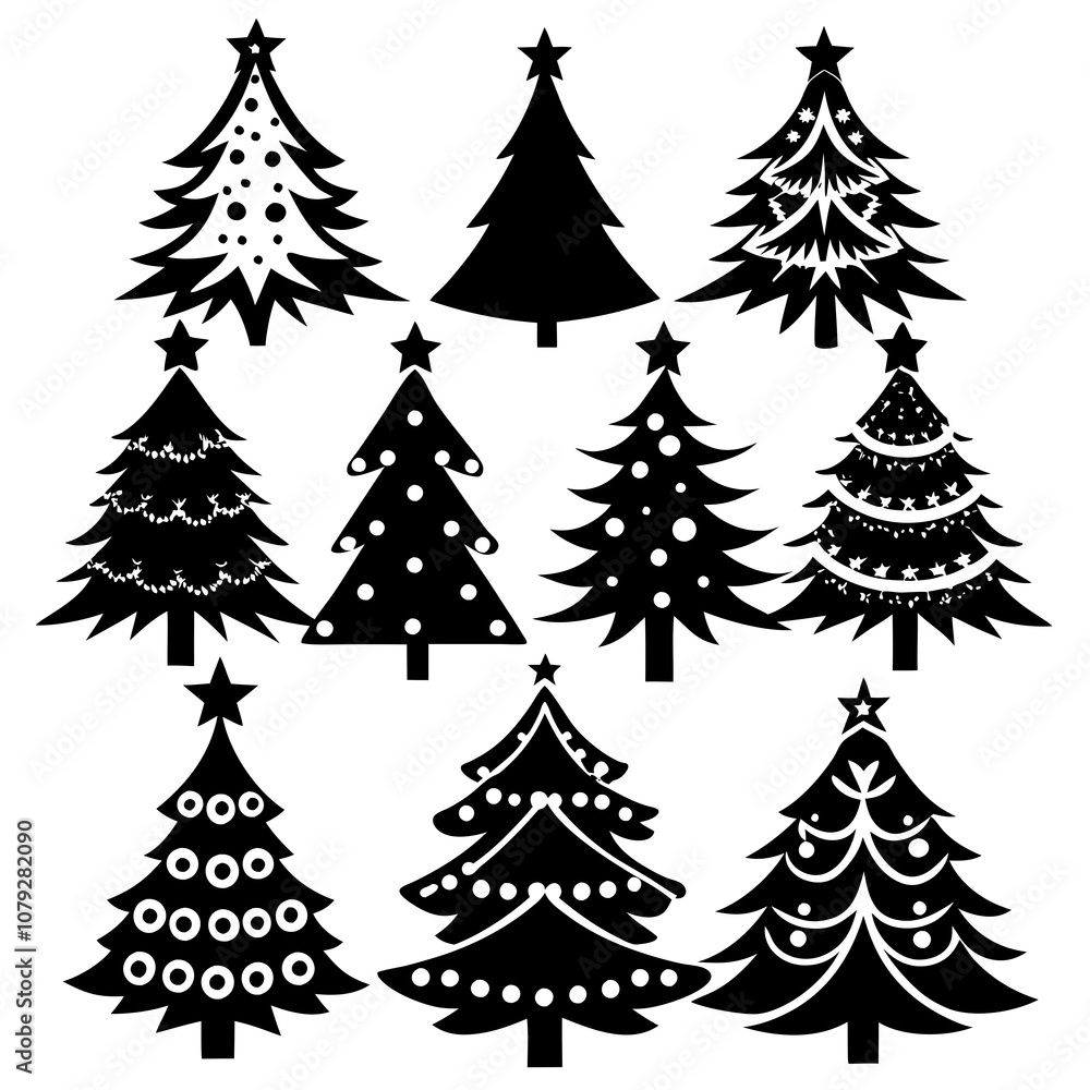 Obraz premium Christmas Tree silhouette, tree silhouette , christmas tree silhouette vector, Silhouette Christmas Tree Stencil Vector Bundle