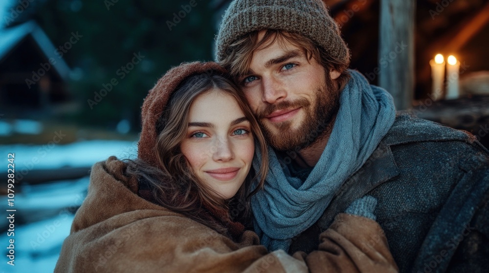 Obraz premium The couple shares a cozy moment wrapped in warm clothing, surrounded by snow-covered trees and soft light in a mountainous winter landscape