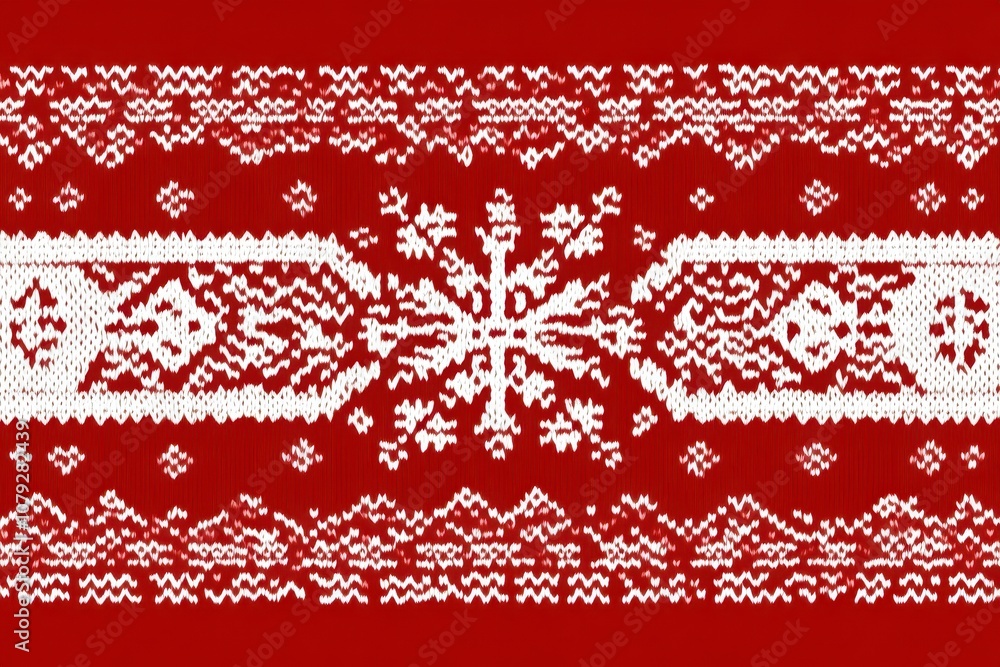 Red background, white knitted pattern with fair isle-style decoration, horizontal borderless frame for text in the center Generative AI Red background, white knitted pattern with fair isle-style decoration, horizontal borderless frame for text in the center Generative AI