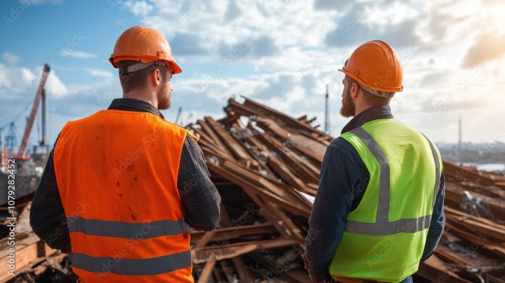 Two construction workers in safety gear observe a large pile of wooden debris at their job site, reflecting on the days work as the sun sets behind them Two construction workers in safety gear observe a large pile of wooden debris at their job site, reflecting on the days work as the sun sets behind them