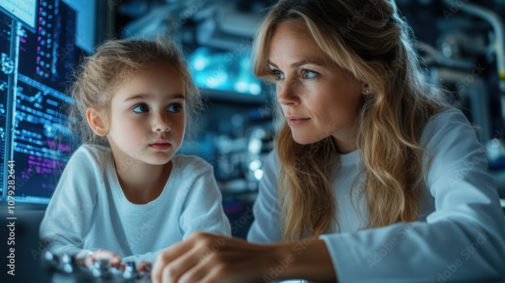 A mother teaches her young daughter about technology in a dark room illuminated by glowing screens filled with coding. Their focused expressions reveal a shared learning moment A mother teaches her young daughter about technology in a dark room illuminated by glowing screens filled with coding. Their focused expressions reveal a shared learning moment