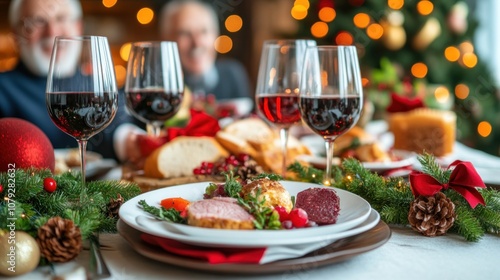 A festive dinner table is beautifully set with glasses of red wine, an array of delicious dishes, and holiday decorations, showcasing a warm and inviting atmosphere for friends gathered together