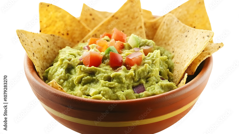 Bowl of guacamole with tortilla chips on a white background Bowl of guacamole with tortilla chips on a white background