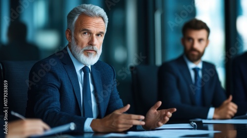A senior executive engages in a strategic discussion during a business meeting in a contemporary office, while colleagues listen attentively
