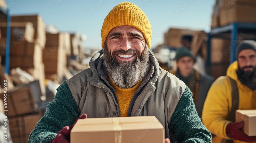 cheerful delivery worker wearing a yellow beanie and warm jacket carries a package with a big smile. Other workers are busy in the background amidst stacks of boxes cheerful delivery worker wearing a yellow beanie and warm jacket carries a package with a big smile. Other workers are busy in the background amidst stacks of boxes