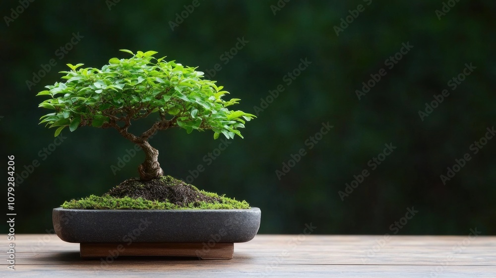 A carefully nurtured bonsai tree showcases its lush green leaves and intricate trunk structure in a stone pot, resting on a wooden surface with a dark backdrop A carefully nurtured bonsai tree showcases its lush green leaves and intricate trunk structure in a stone pot, resting on a wooden surface with a dark backdrop