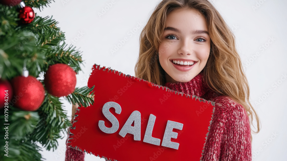 Festive holiday sale promotion with smiling model and christmas tree decor Festive holiday sale promotion with smiling model and christmas tree decor