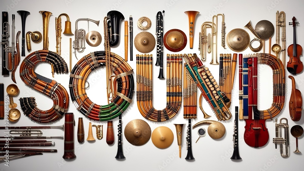 Naklejka premium Background on the theme of sound, music, the word sound and various musical instruments