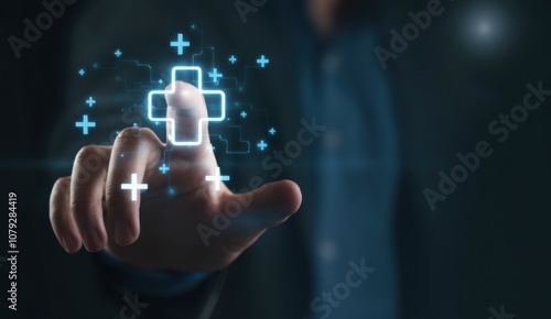 Businessman touching on virtual blue plus sign for positive thinking mindset or healthcare insurance symbol concept, Mental health care, mental rejuvenation. 