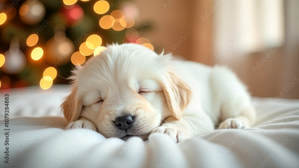A cute,fluffy purebred puppy fell asleep on a soft white rug, against the background of Christmas lights. Christmas spirit,festive mood. The pet fell asleep under the tree. The dog is sleeping sweetly A cute,fluffy purebred puppy fell asleep on a soft white rug, against the background of Christmas lights. Christmas spirit,festive mood. The pet fell asleep under the tree. The dog is sleeping sweetly