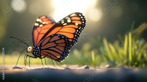 A comical butterfly doing jumping jacks, its wings flapping frantically with a goofy look on its face.