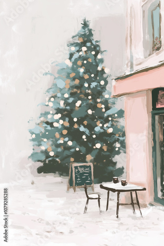 christmas tree next to a coffee shop beautiful street stroll  background illustration pastel watercolor dreamy image