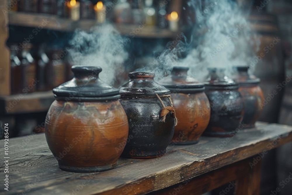 Ancient clay pots emitting steam sit on a rustic wooden table surrounded by shelves filled with mysterious bottles in a candlelit workshop Ancient clay pots emitting steam sit on a rustic wooden table surrounded by shelves filled with mysterious bottles in a candlelit workshop
