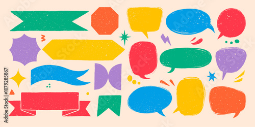 Rough rustic banners and shapes with torn edges Hand drawn vintage textured badges, banners, ribbons, speech bubbles and other design elements. Hand-drawn infographic Vector collection