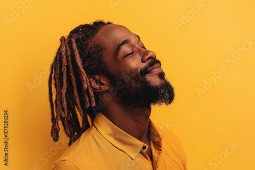 A jamaican man with dreadlocks on a yellow background, reggae vibes. photo