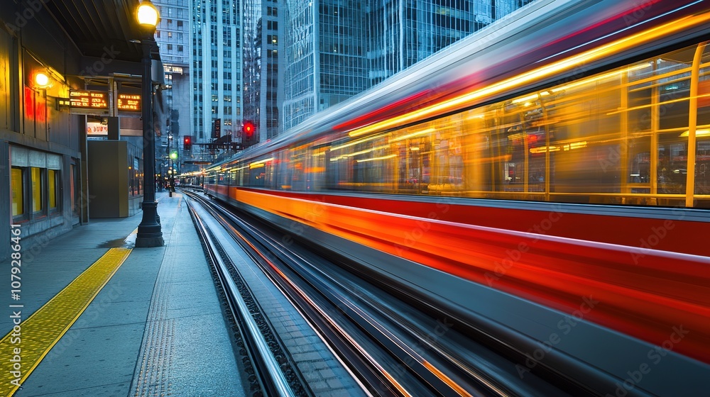 Dynamic train motion urban city transportation scene cityscape ground level technology integration Dynamic train motion urban city transportation scene cityscape ground level technology integration