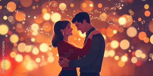 A Couple Embracing Each Other Under a Soft Glow of Festive Lights, Surrounded by a Magical Atmosphere During a Romantic Evening Celebration
