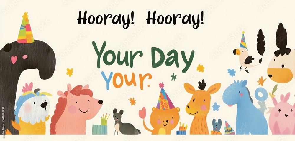 A birthday card for kids with a playful animal parade illustration, featuring a colorful A birthday card for kids with a playful animal parade illustration, featuring a colorful