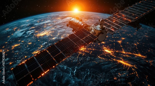 Satellite orbiting Earth with sunrise in the background.