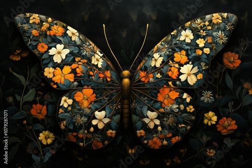 Butterfly with intricate floral wings on dark background, symbolizing nature's elegance and detail