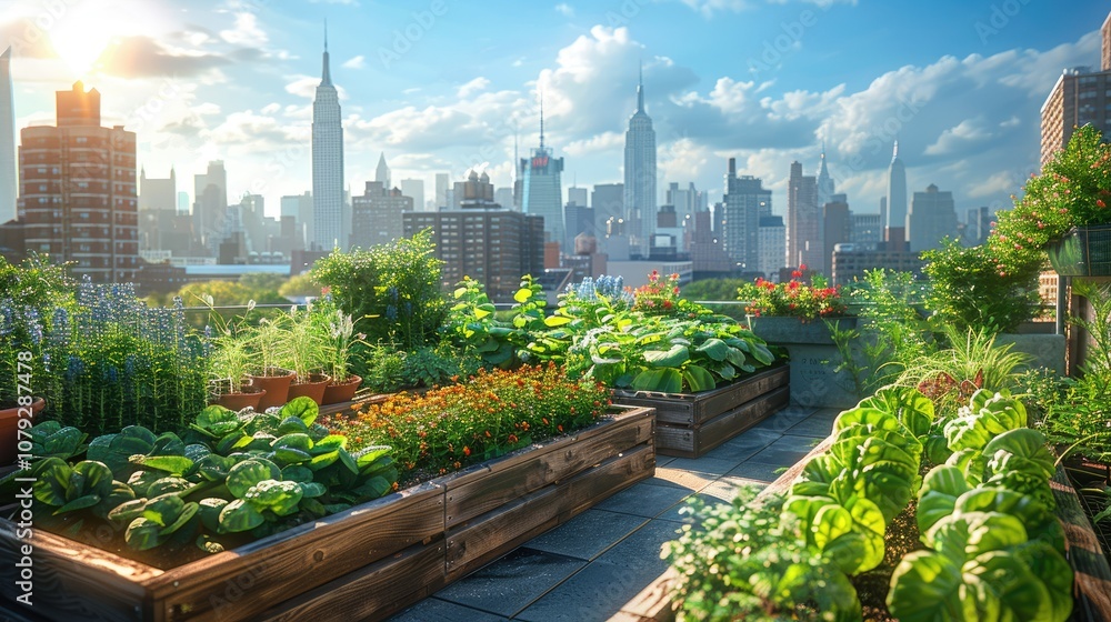 A rooftop garden with a city skyline in the background. A rooftop garden with a city skyline in the background.