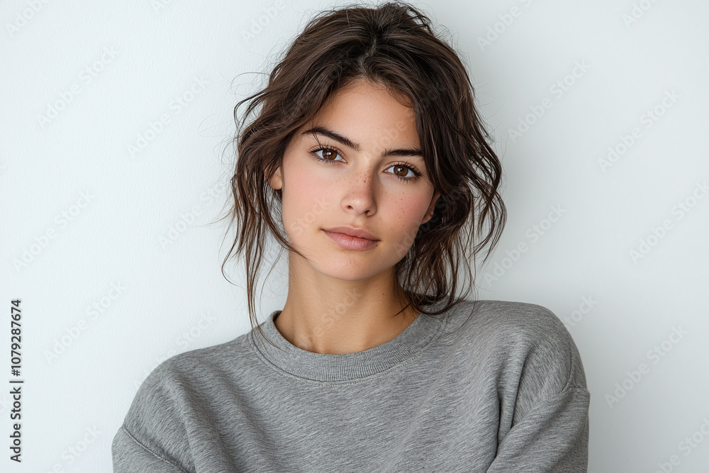 Stylish woman with cropped hair in basic gray sweatshirt, clean white background. Stylish woman with cropped hair in basic gray sweatshirt, clean white background.