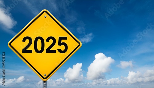 photo text 2025 on yellow sign against blue sky new year resolution and goal to change and progress business success and growth strategy future challenge vision start or beginning startup calend