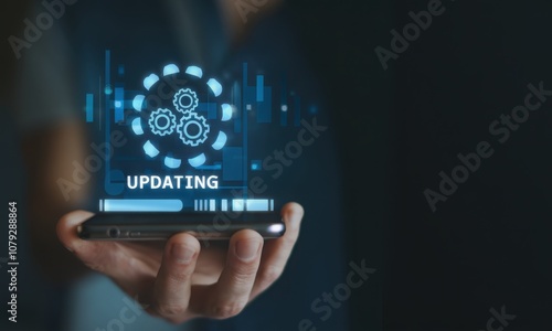 Operating system upgrade concept, installation app and software update process, modernize user equipment, update modern functions, developer released new version Improved security. User is downloading