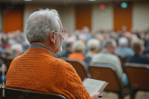 Author engages with audience during a book signing event in a packed venue photo