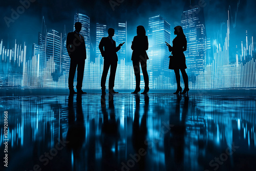 Business professionals silhouetted against a modern urban skyline with digital graphics at night photo