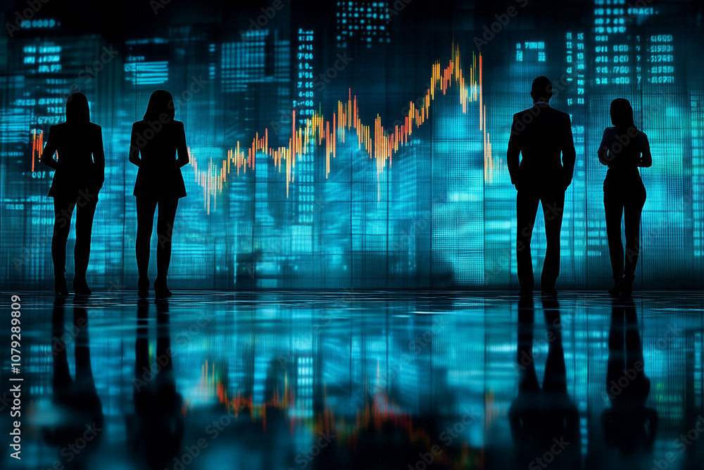 Business professionals analyze market trends with data visualization in a modern urban setting Business professionals analyze market trends with data visualization in a modern urban setting